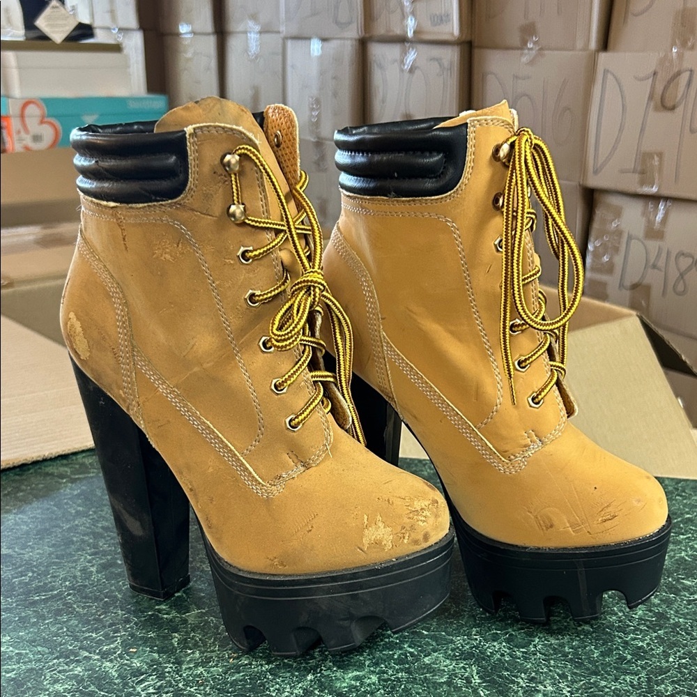 Wild Diva Tan & Black Lace-Up Chunky Lug-Heel Ankle Boots